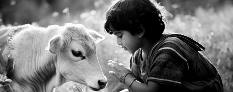 Immagine che rappresenta un bambino che accarezza un vitello. Img da AI di Freepik.